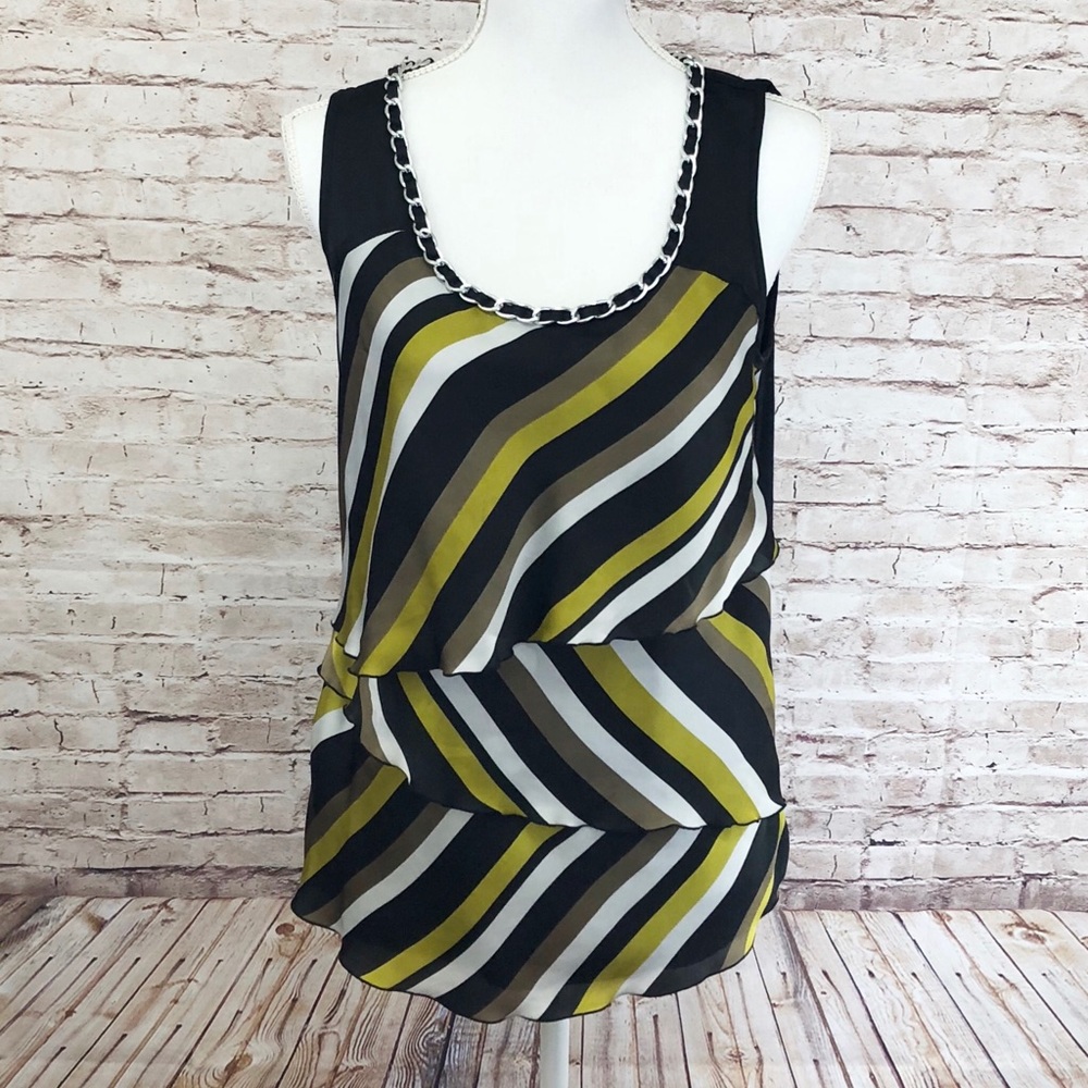 Alfani Size M Sleeveless Tiered Asymmetrical Top Striped Chain Print Scoop Neck